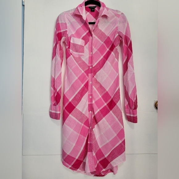 Moda International 100% Linen Plaid Shirt Pink Dress Size 2 - Picture 6 of 7